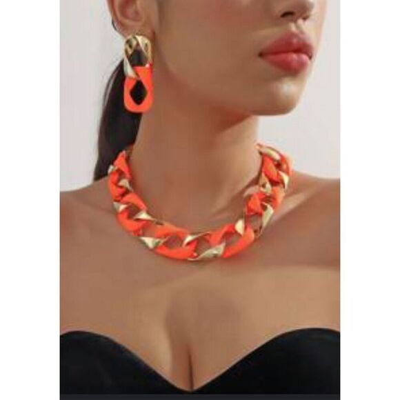 Orange Chainlink Statement Necklace - Picture 1 of 4